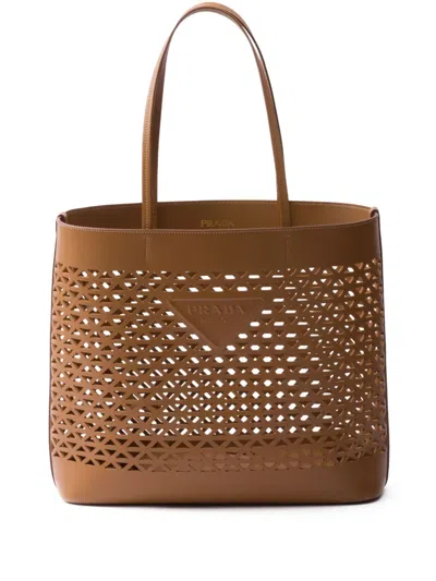 Prada Logo-perforated Leather Tote Bag In Brown