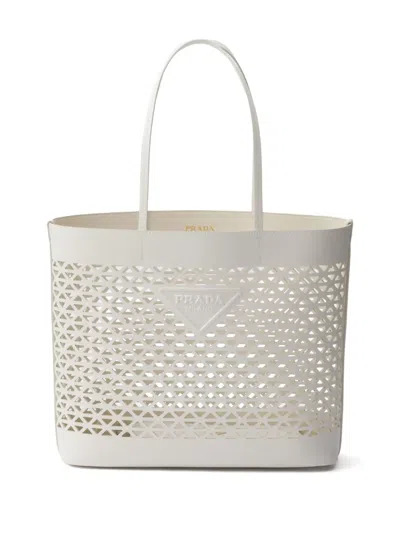 Prada Large Perforated Leather Tote Bag In White