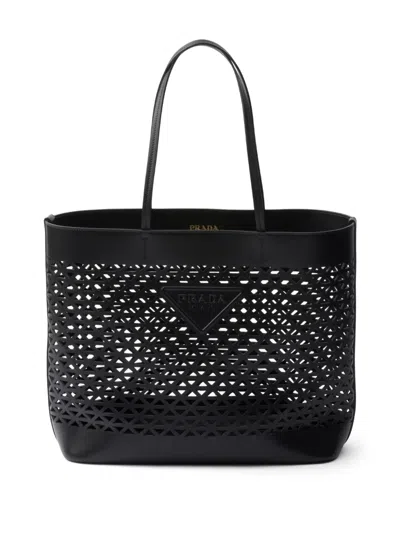 Prada Logo-perforated Tote Bag In 黑色