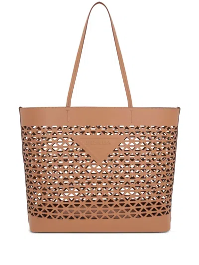 Prada Leather Shopping Bag Featuring Cut-out Detailing In Beige O Tan