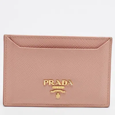 Pre-owned Prada Logo Pink Saffiano Leather Card Holder