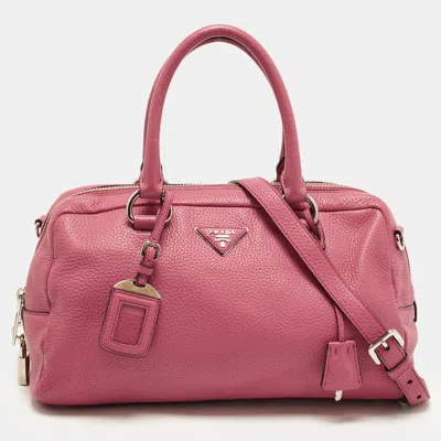 Pre-owned Prada Logo Pink Vitello Daino Bauletto Bag
