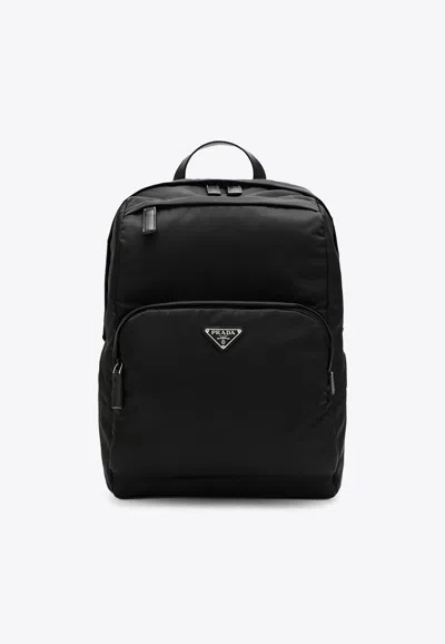 Prada Logo-plaque Backpack In Black
