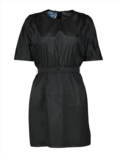 Prada Logo Plaque Belted Waist Dress In Black