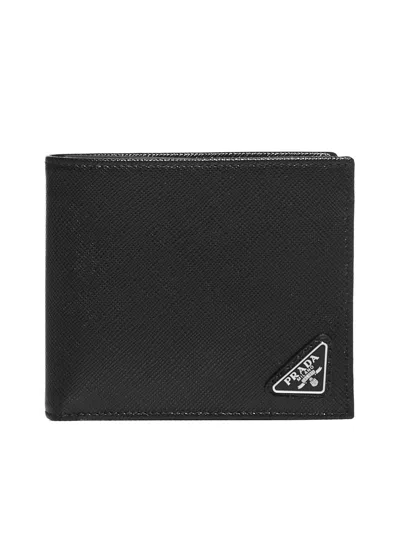 Prada Logo Plaque Bifold Wallet In Black