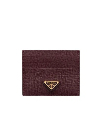 Prada Logo Plaque Card Holder In Burgundy