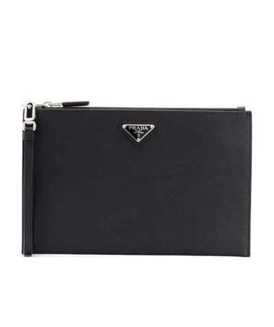 Prada Mera Pouch In Re-nylon And Saffiano Leather In Black