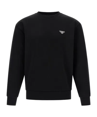Prada Logo Plaque Crewneck Sweatshirt In Black