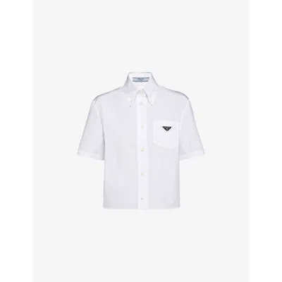 Prada Womens White Logo-plaque Cropped Cotton Shirt