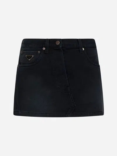Prada Logo-plaque Denim Miniskirt In Black