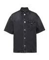 Prada Logo Plaque Short Sleeved Denim Shirt In Black