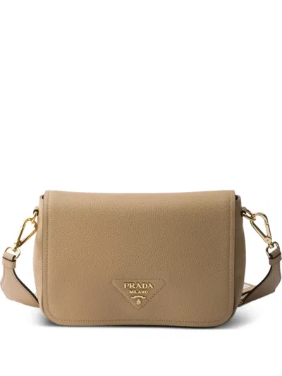 Prada Logo-plaque Flap Leather Shoulder Bag In Brown