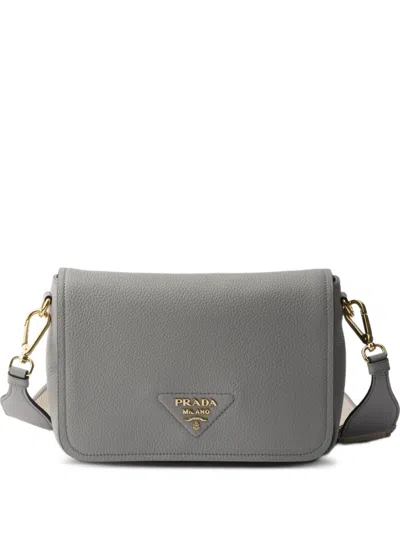 Prada Logo-plaque Flap Leather Shoulder Bag In Gray