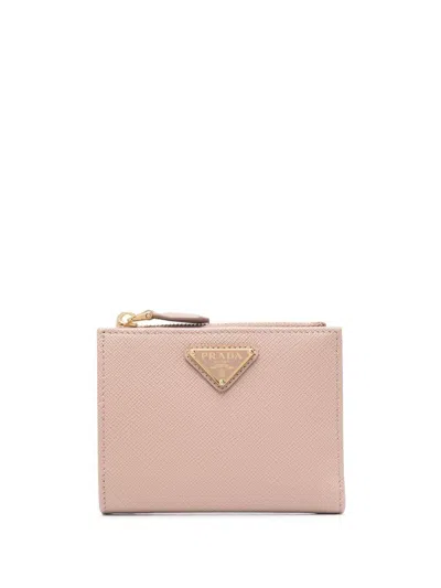 Prada Logo Plaque Grained Leather Wallet In Pink