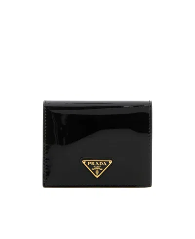 Prada Logo-plaque High-shine Finish Leather Wallet In Black