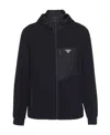 Prada Stretch Cotton Hooded Sweatshirt Chest Pocket In Black