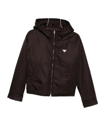 Prada Logo-plaque Hooded Jacket In Brown