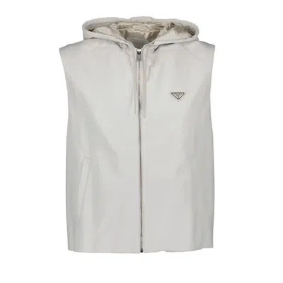 Prada Logo Plaque Hooded Leather Vest In White