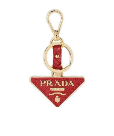 Prada Logo Plaque Keychain In Red