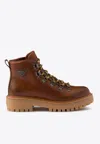Prada Logo Plaque Lace-up Boots In Cognac