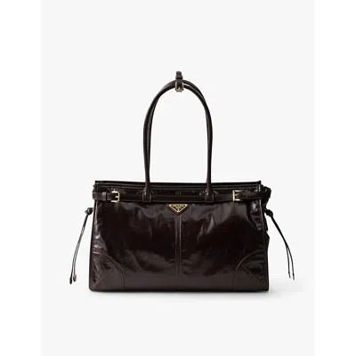 PRADA WOMENS BROWN LOGO-PLAQUE LARGE LEATHER SHOULDER BAG