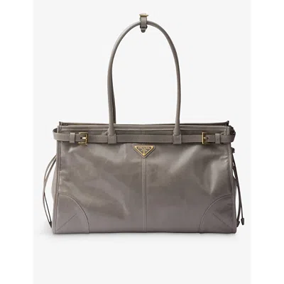PRADA WOMENS GREY LOGO-PLAQUE LARGE LEATHER TOP-HANDLE BAG