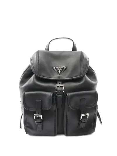 Pre-owned Prada Logo-plaque Leather Backpack In Black