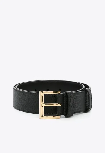 Prada Leather Belt With Logo Plate In Black