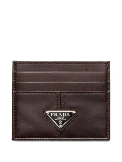 Prada Logo-plaque Leather Card Holder In Brown