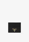 Prada Logo Plaque Leather Cardholder In Black