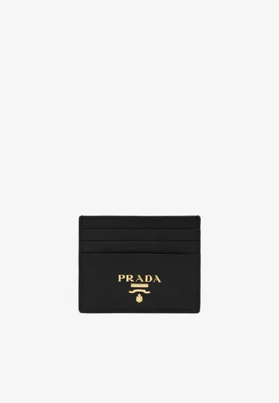 Prada Logo Plaque Leather Cardholder In Black