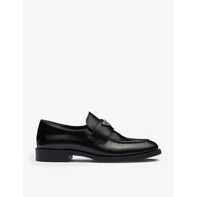 Prada Womens Black Logo-plaque Leather Loafers