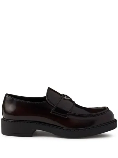 Prada Logo-plaque Leather Loafers In Brown