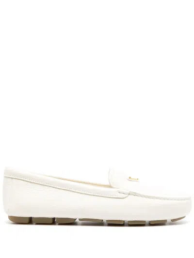 Prada Triangle Logo Grained Leather Loafers In Beige