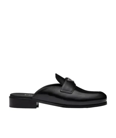 Prada Logo-plaque Leather Mules In Black