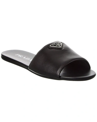 Prada Logo Plaque Leather Sandal In Black