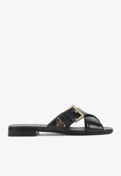 Prada Leather Crisscross Slides With Buckle Shoes In Black
