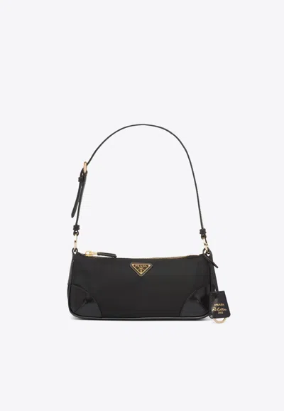 Prada Logo Plaque Leather Shoulder Bag In Black