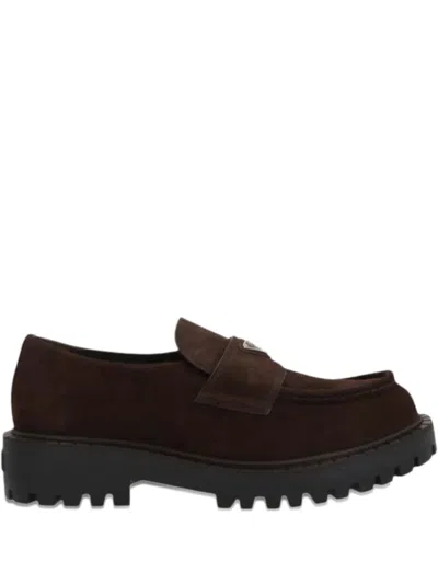 Prada Suede Loafers With Chunky Sole And Round Toe In Brown