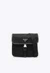 Prada Fabric Leather Shoulder Bag Adjustable Strap Front Flap In Black