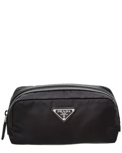 Prada Logo Plaque Nylon & Leather Pouch