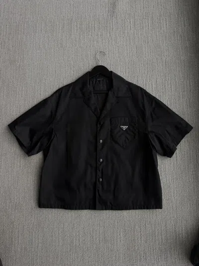 Pre-owned Prada Logo Plaque Nylon Gabardine Bowling Shirt In Black