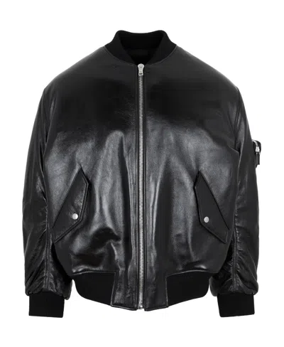 Prada Logo-plaque Pocket Leather Bomber Jacket In Black