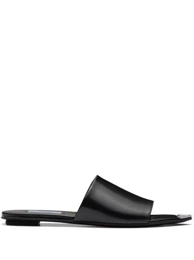 Prada Logo Plaque Pointed-toe Sandals In Black
