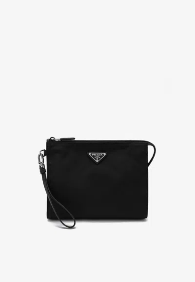 Prada Logo-plaque Pouch Bag In Black