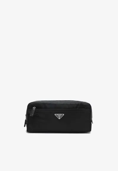 Prada Logo-plaque Pouch Bag In Black