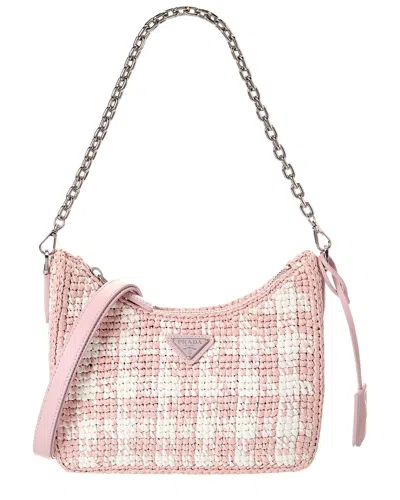 Prada Logo Plaque Raffia & Leather Hobo Bag