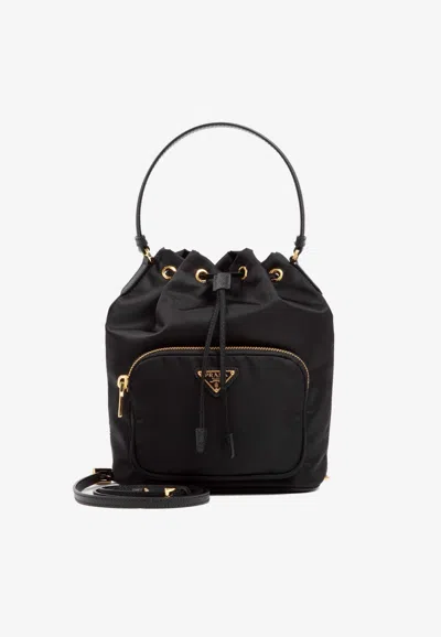 Prada Logo Plaque Re-nylon Bucket Bag In Black