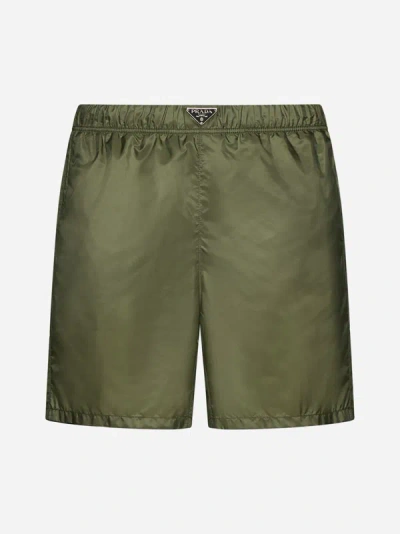 Prada Logo-plaque Re-nylon Swim Shorts In Green