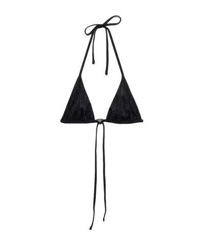 Prada Logo-plaque Rhinestone-embellished Bikini Top In Black